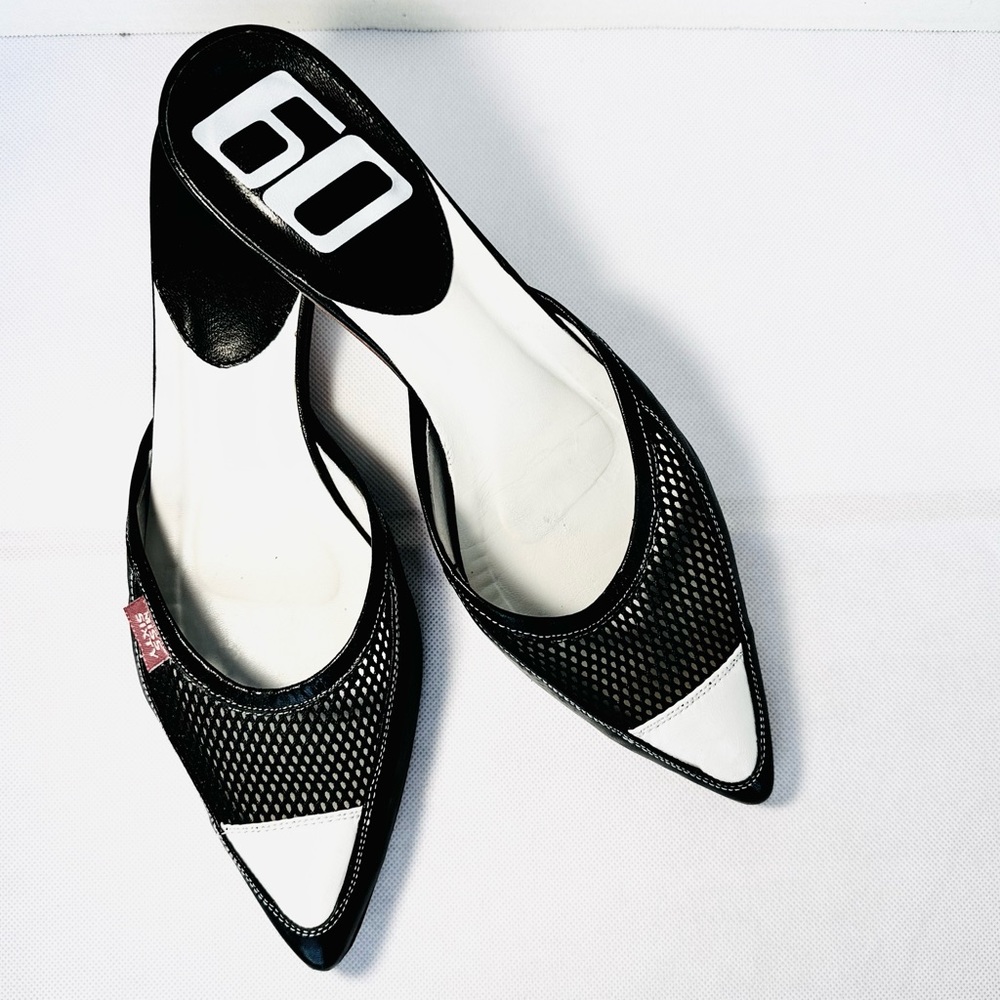 Miss Sixty black white leather mesh kitten heel pointed toe mules size 39 US 9